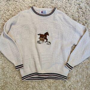 Vintage 90s Embroidered Horse Sweater 100% Cotton Oversized Striped Edges Large